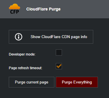 A screenshot of the Clouflare® purge browser extension interface